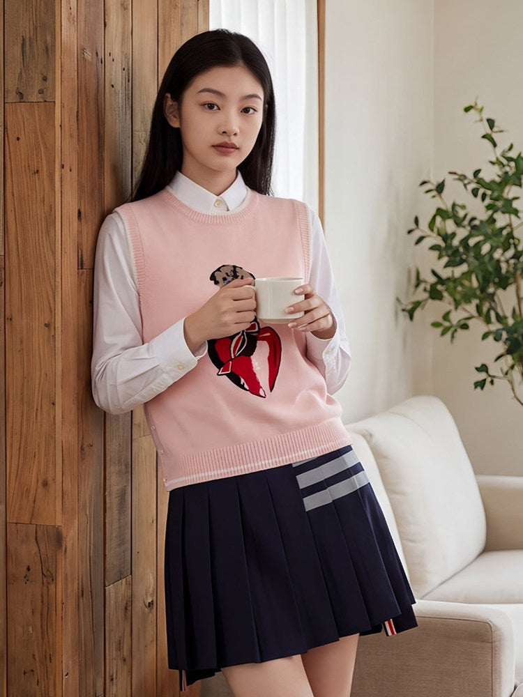 Thom Browne Style Pink Dog and Heart Knit Sweater Vest