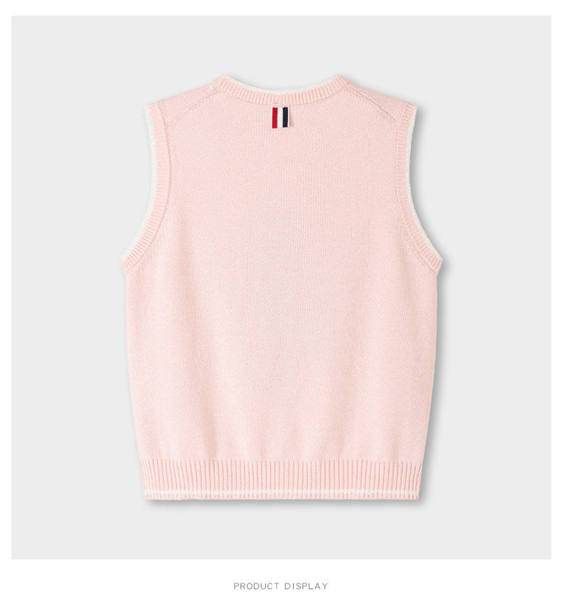Thom Browne Style Pink Dog and Heart Knit Sweater Vest