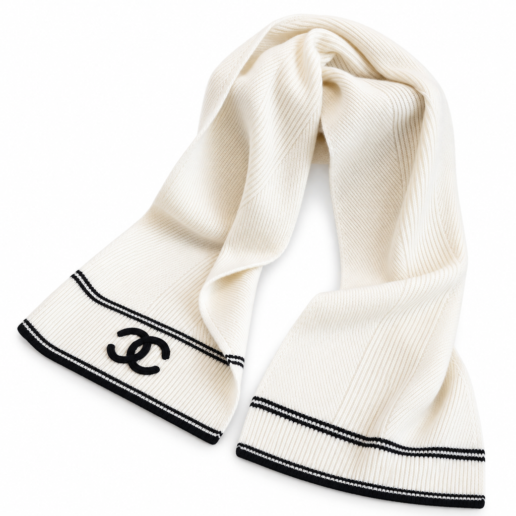 Chanel Style Rib-Knit Logo Scarf
