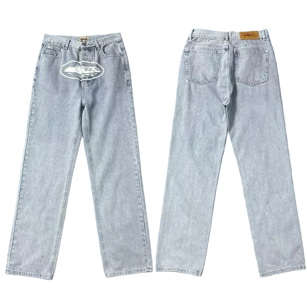 Corteiz Alcatraz Island Front Logo Heavyweight Denim Pants - Light Blue