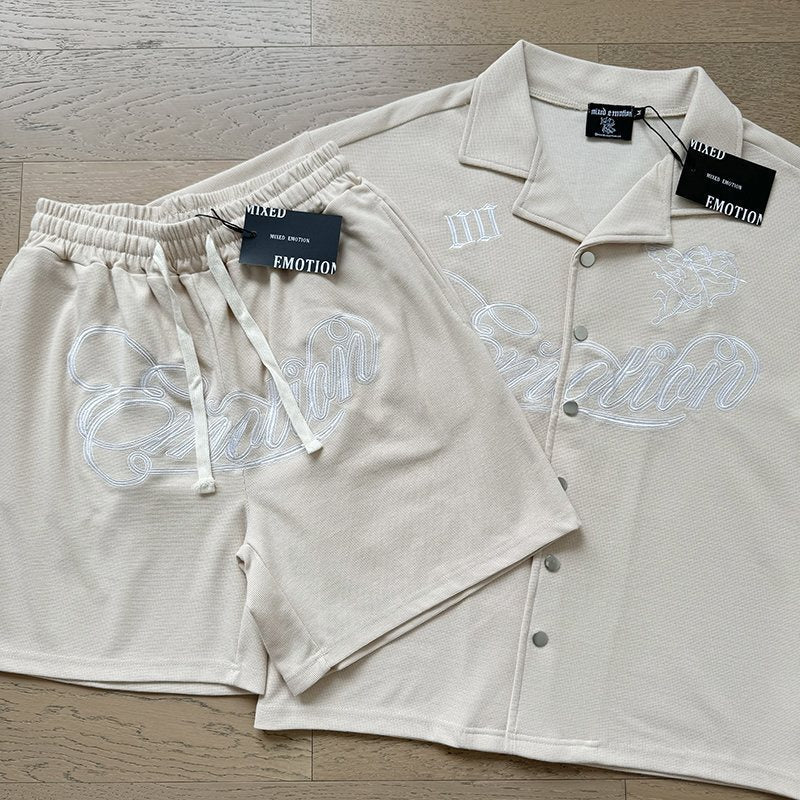 MIXED EMOTION Waffle-Knit Embroidered Shirt & Shorts Set