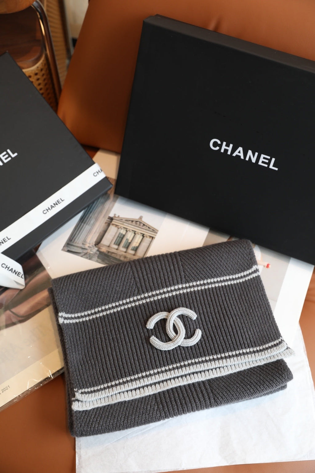 Chanel Style Rib-Knit Logo Scarf