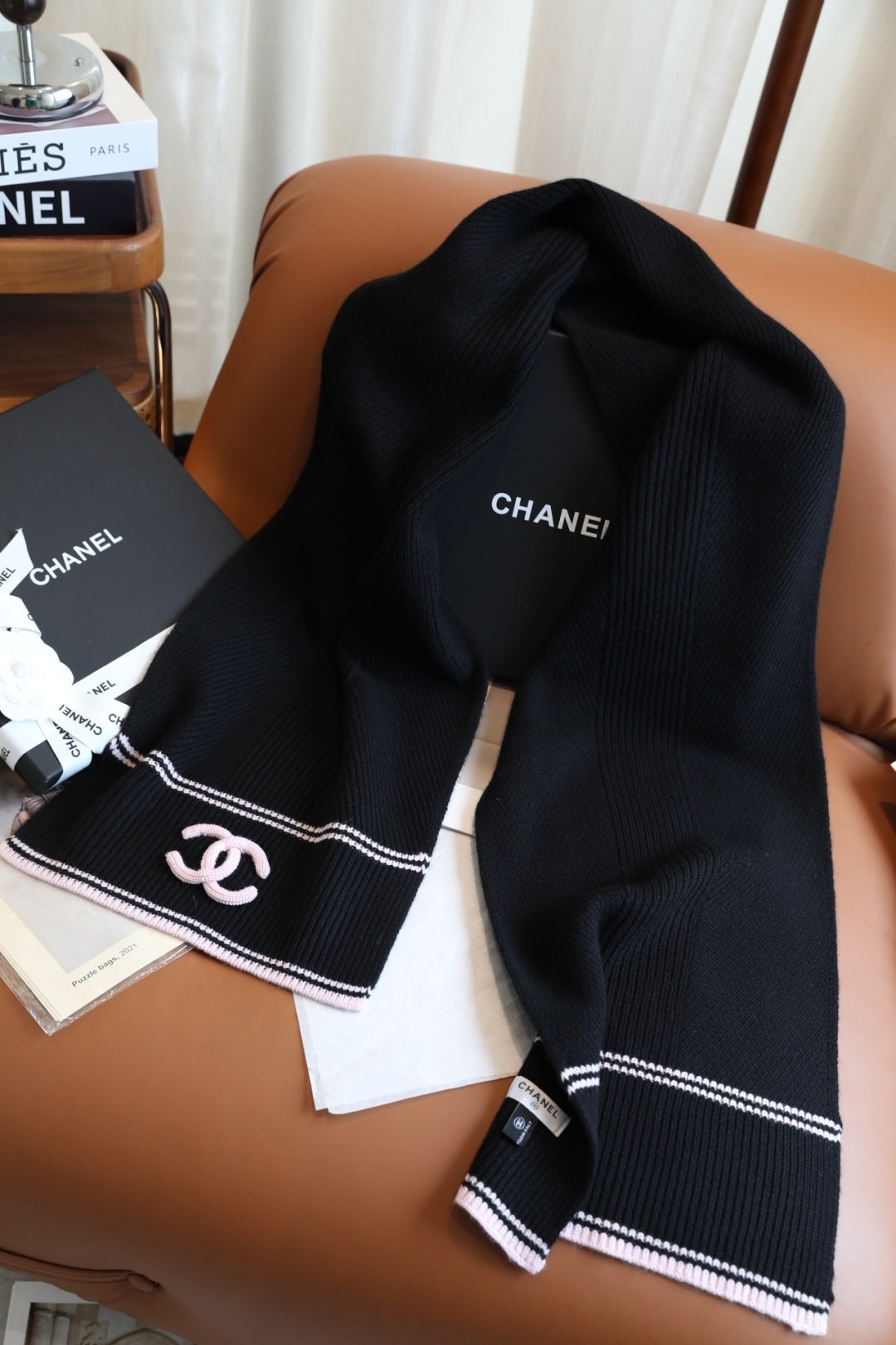 Chanel Style Rib-Knit Logo Scarf