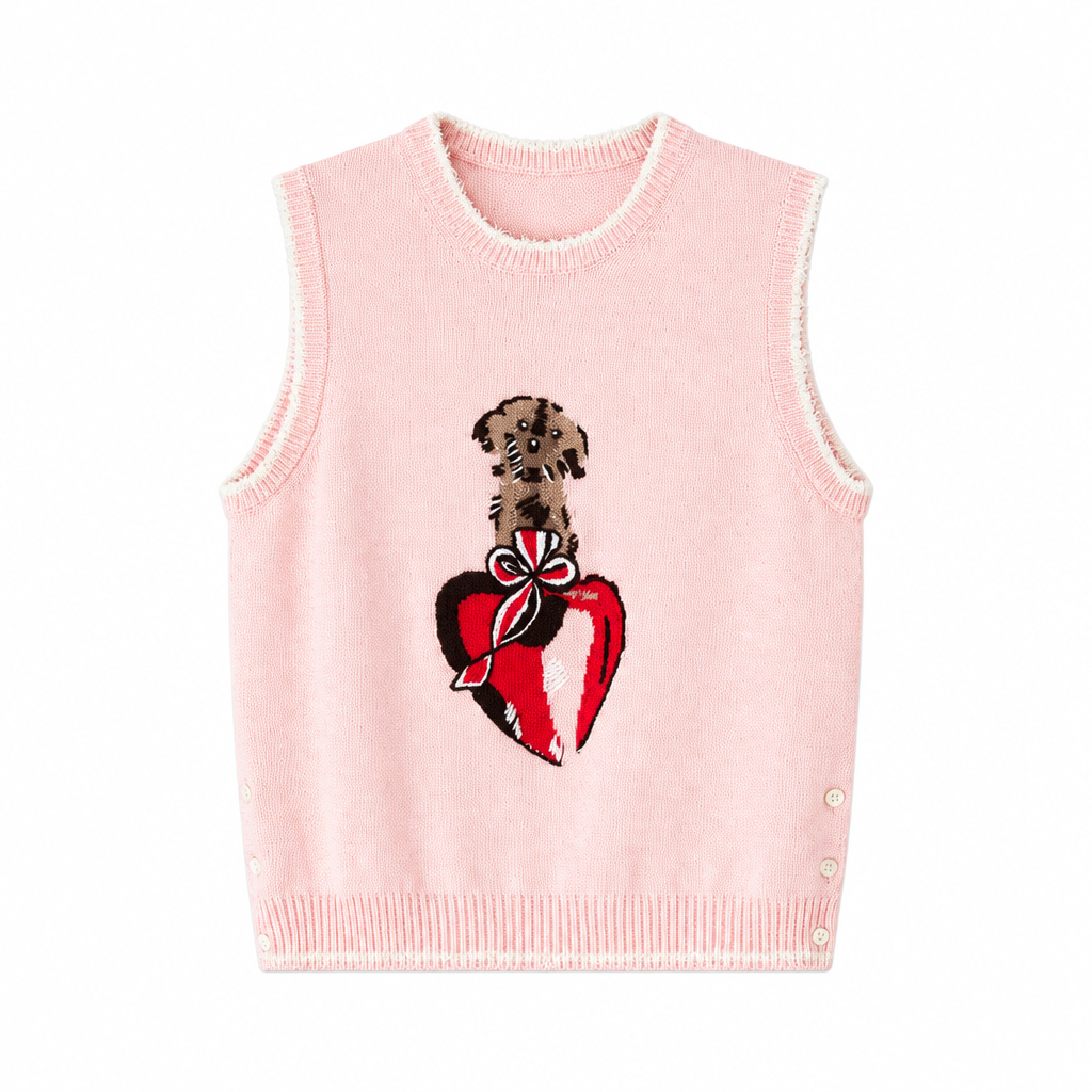 Thom Browne Style Pink Dog and Heart Knit Sweater Vest