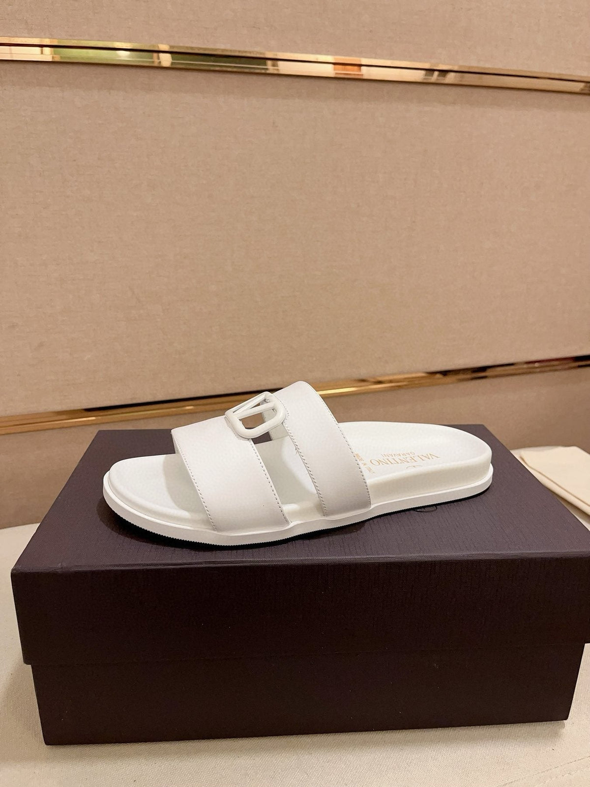 Valentino White V-Hardware Slide Sandals