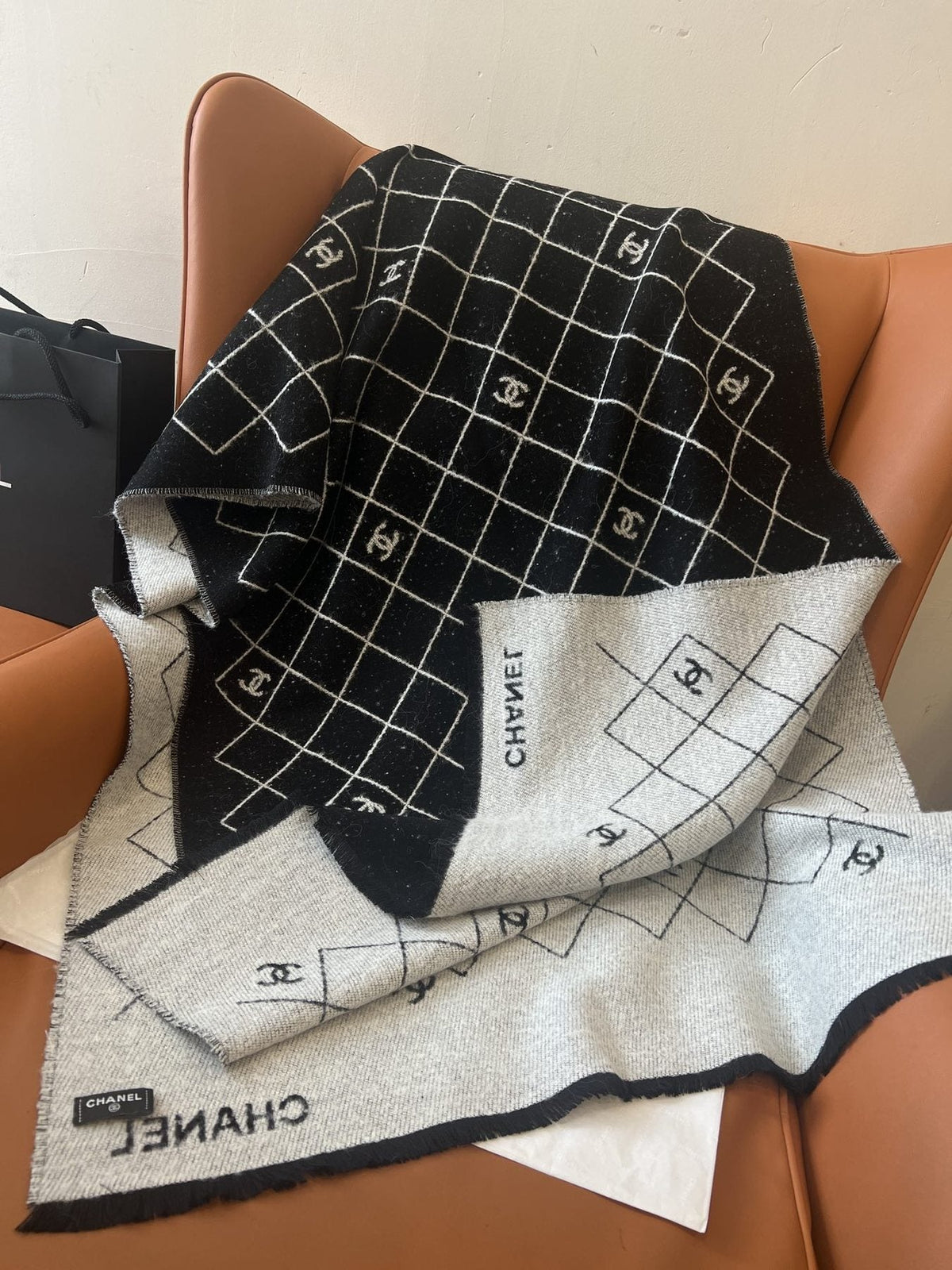 Chanel Black and Ivory Grid Shawl Scarf