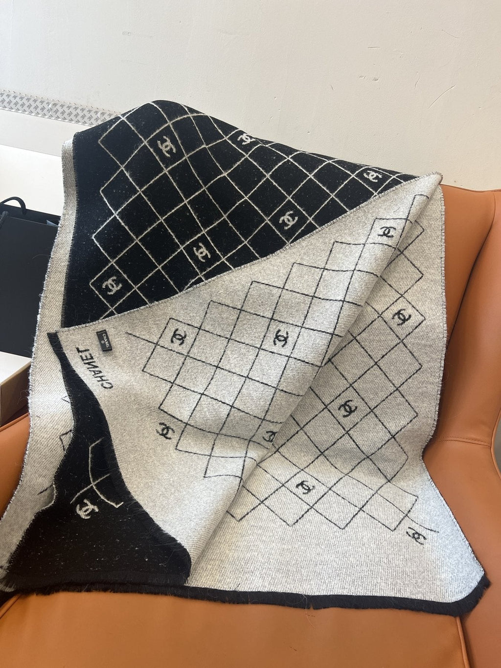 Chanel Black and Ivory Grid Shawl Scarf