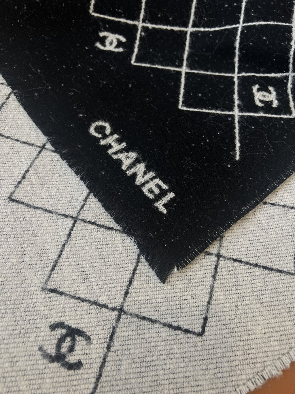 Chanel Black and Ivory Grid Shawl Scarf