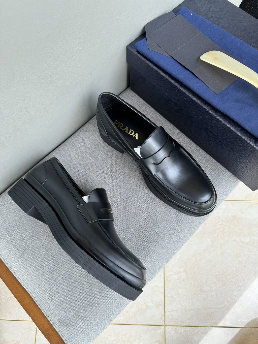 Prada Black Leather Strap Loafers