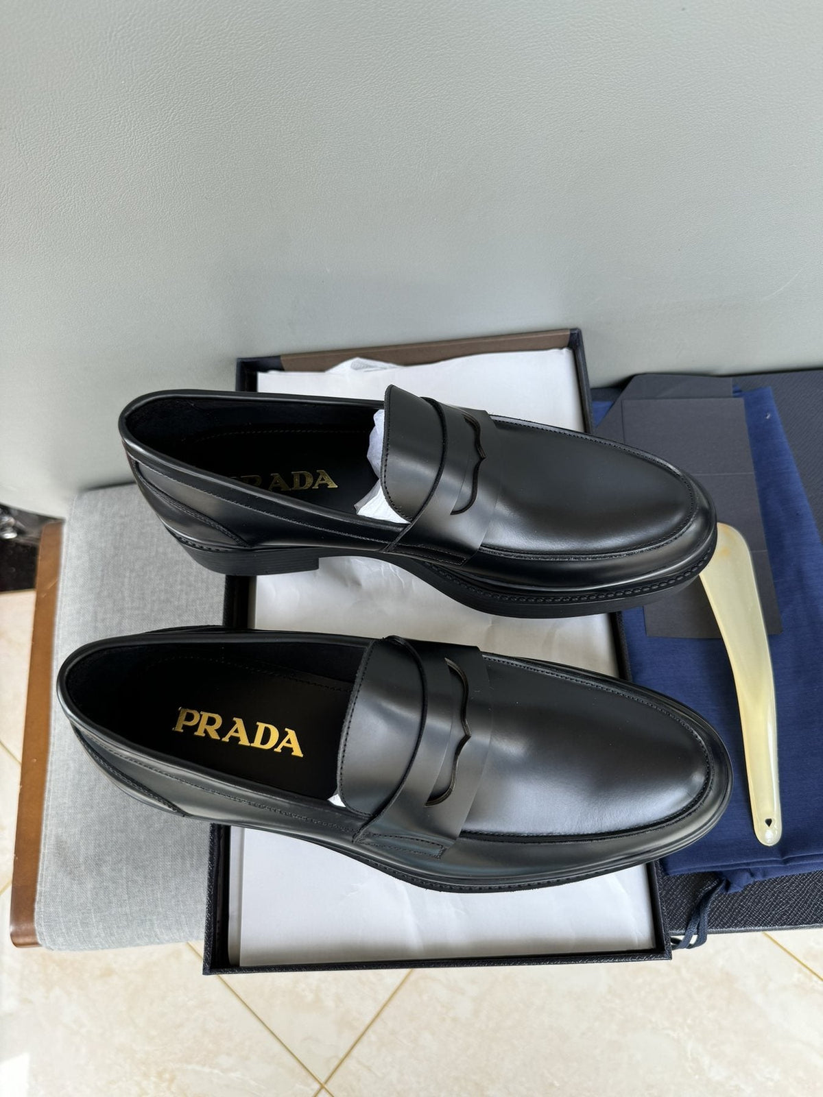 Prada Black Leather Strap Loafers