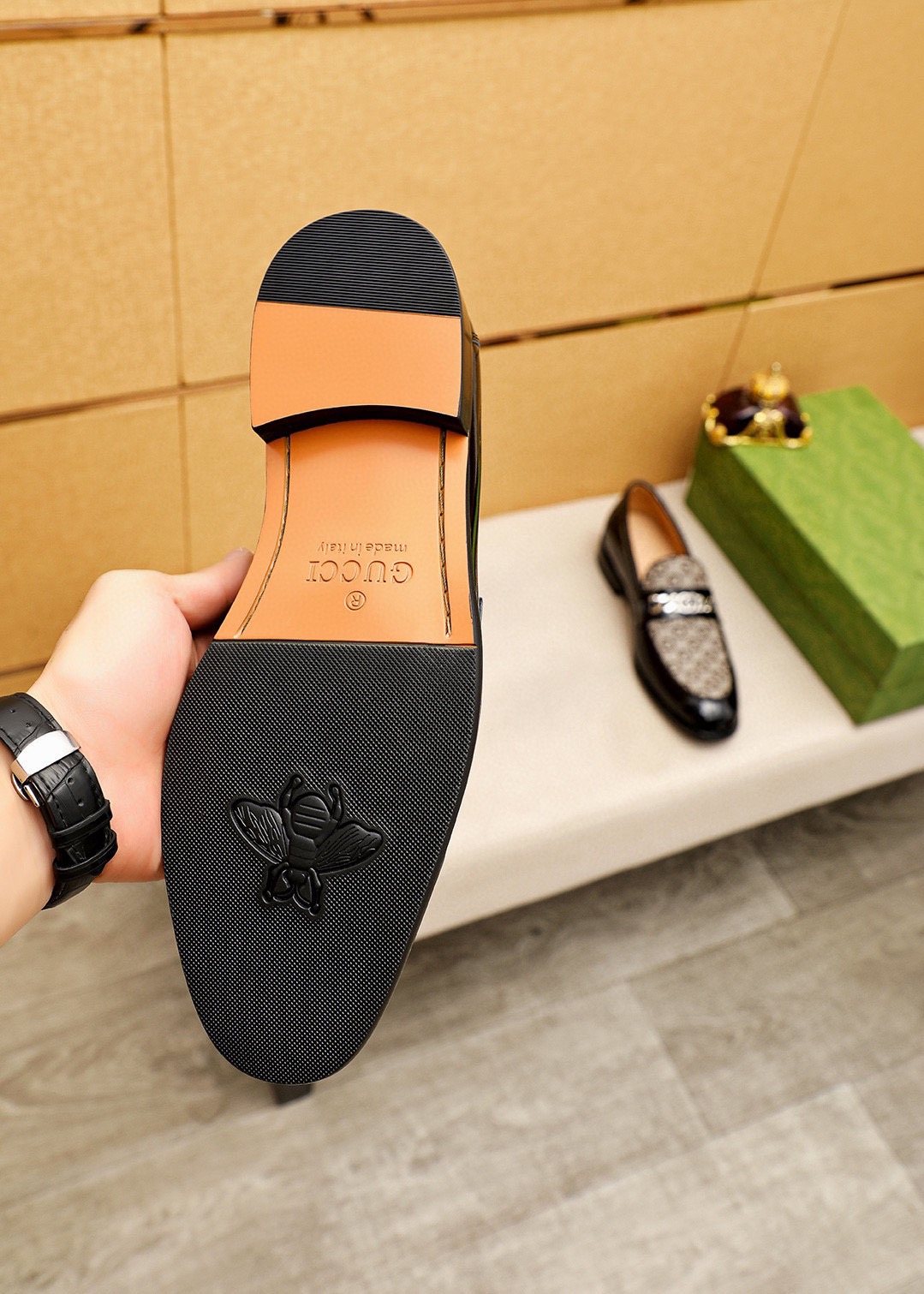 Gucci Men's Black & Beige Patterned Loafers