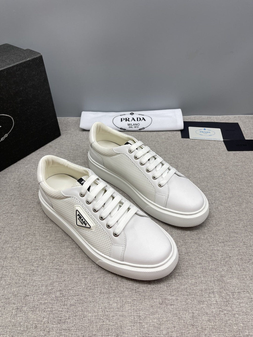 Prada Men's Triangle Patch Low-Top Sneakers - Padded Collar