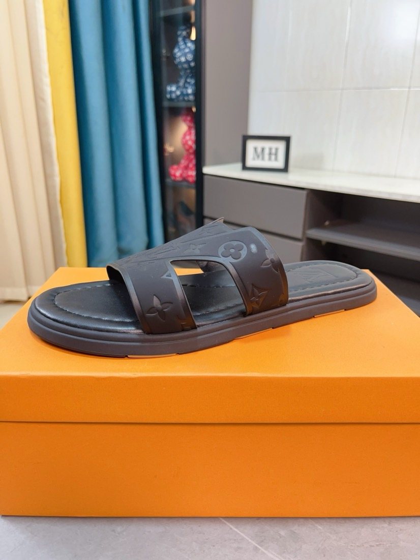 Louis Vuitton Men's Embossed Strap Slide Sandals - Open-Toe Slip-On Design