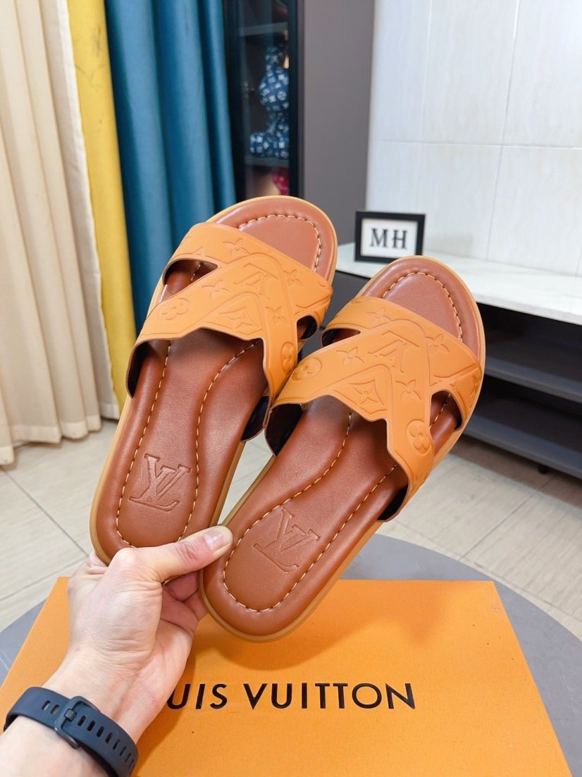 Louis Vuitton Men's Embossed Strap Slide Sandals - Open-Toe Slip-On Design